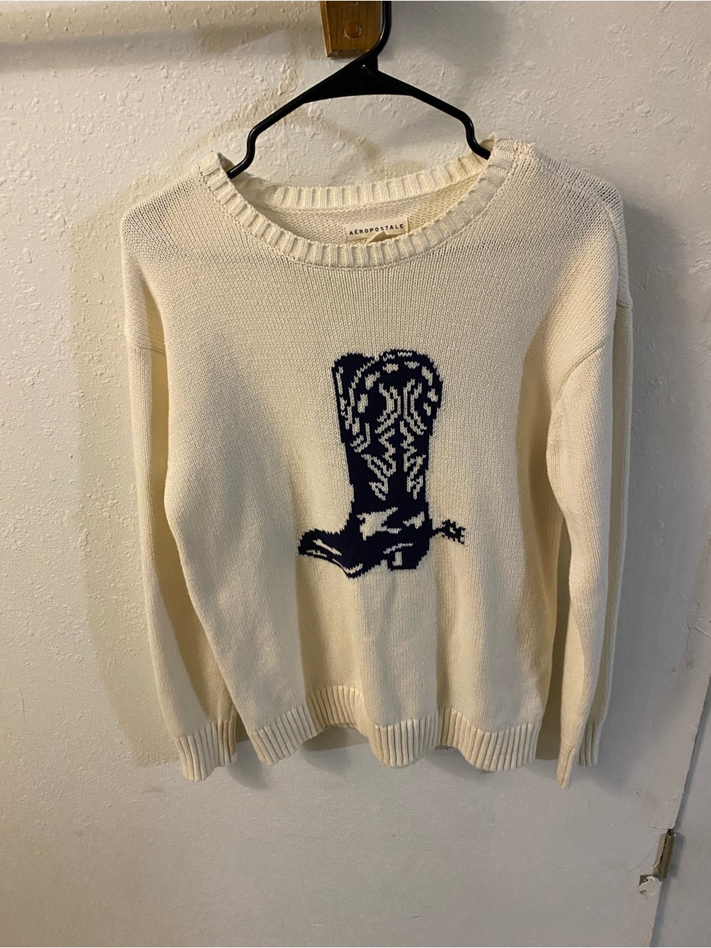 Aeropostale Cream Sweater with Navy Cowboy Boot Motif